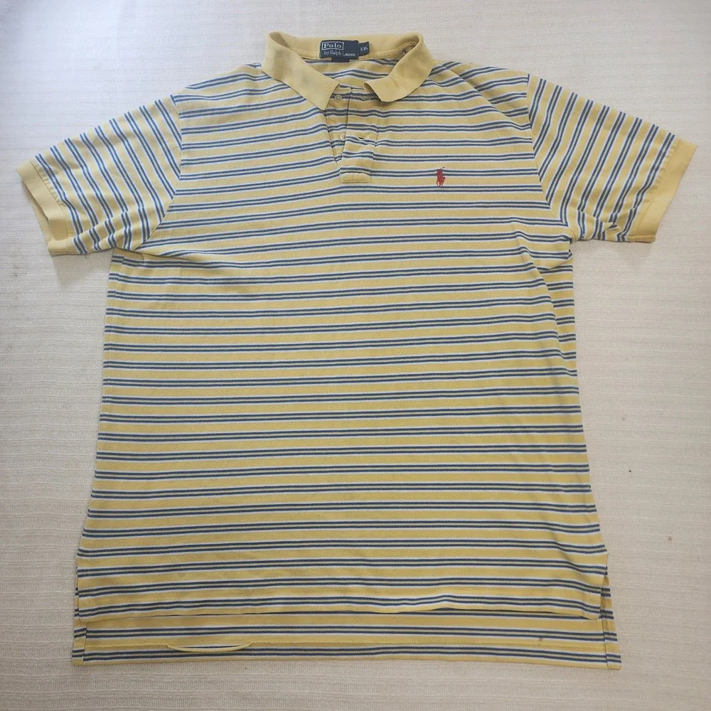 Polo Ralph Lauren Mens XXL Yellow Blue‎ Striped Short Sleeve Pique Polo Shirt